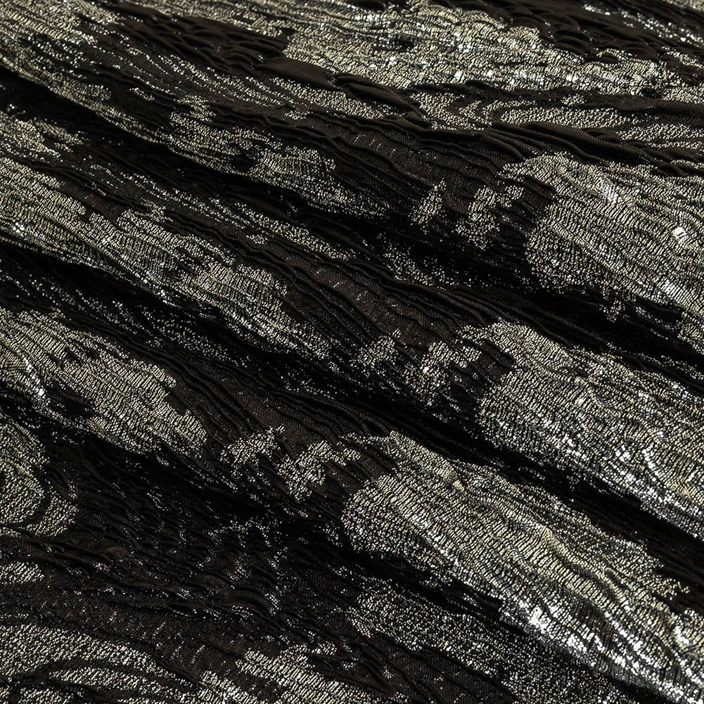 Metallic Silver and Black Wood Grain Luxury Plisse Brocade