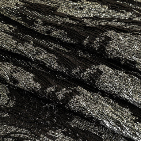 Metallic Silver and Black Wood Grain Luxury Plisse Brocade