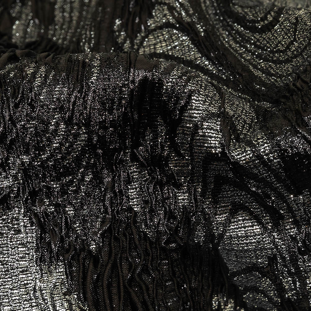 Metallic Silver and Black Wood Grain Luxury Plisse Brocade