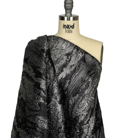 Metallic Silver and Black Wood Grain Luxury Plisse Brocade