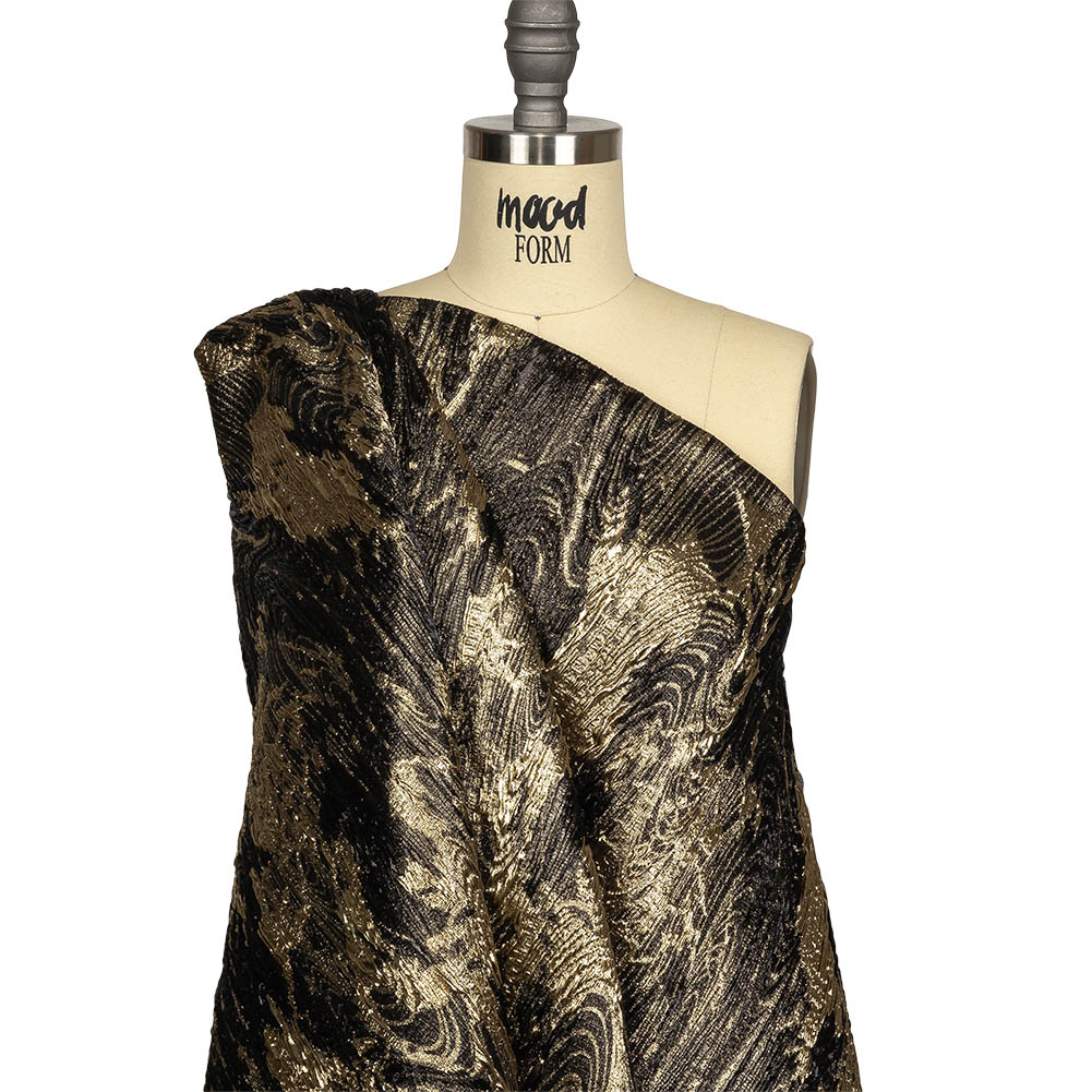 Metallic Gold and Black Wood Grain Luxury Plisse Brocade