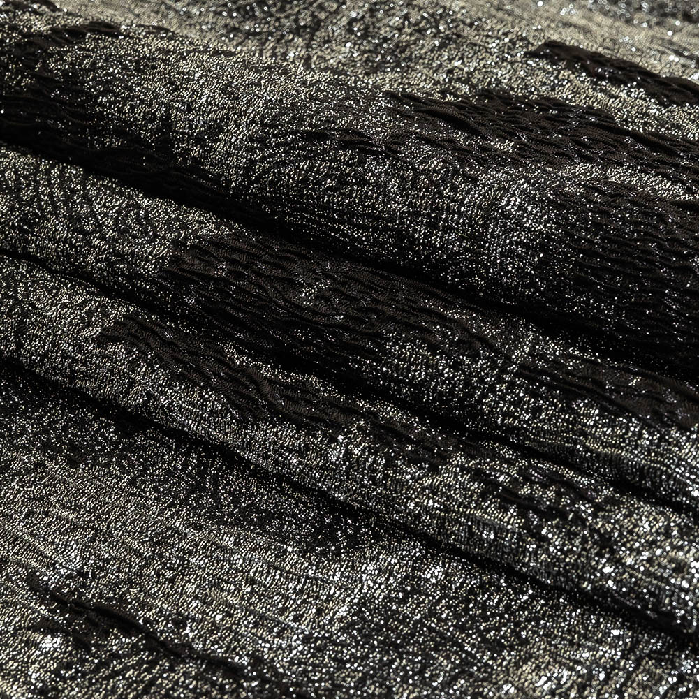 Metallic Silver and Black Abstract Luxury Plisse Brocade