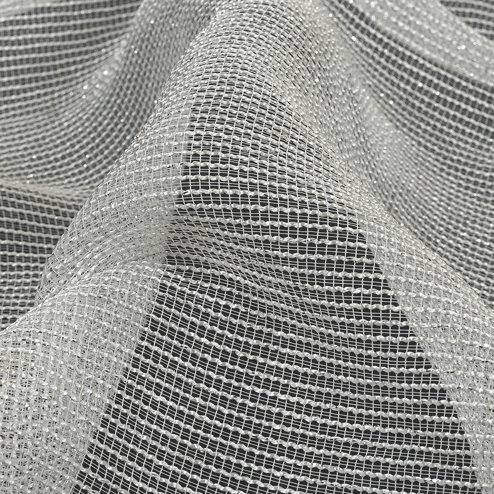 Metallic Silver and White Textural Stripes Luxe Novelty Mesh