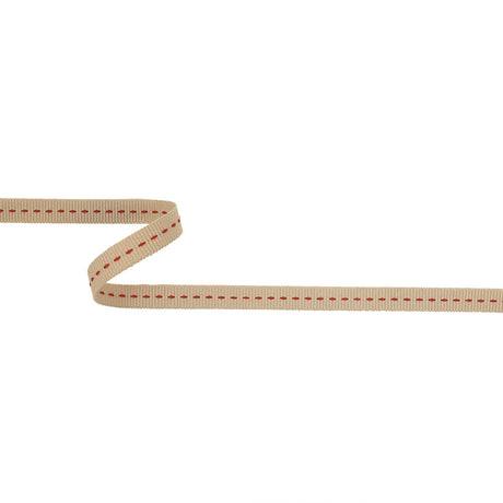 Tan Grosgrain Ribbon with Red Stitching Detail - 0.375"