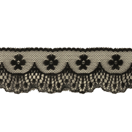 Black Flowers and Fancy Scallops Lace Trim - 1.625"