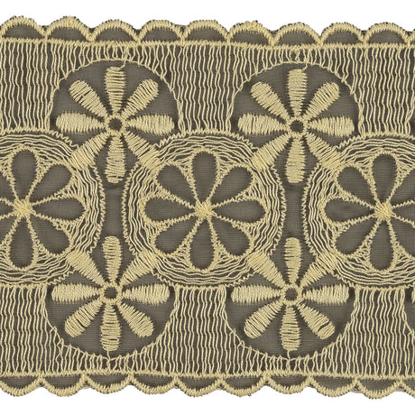 Pistachio Shell and Black Circles and Flowers Embroidered Mesh Lace Trim with Scalloped Borders - 4.25"