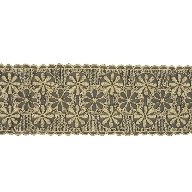 Pistachio Shell and Black Circles and Flowers Embroidered Mesh Lace Trim with Scalloped Borders - 4.25"