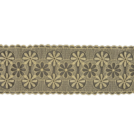 Pistachio Shell and Black Circles and Flowers Embroidered Mesh Lace Trim with Scalloped Borders - 4.25"