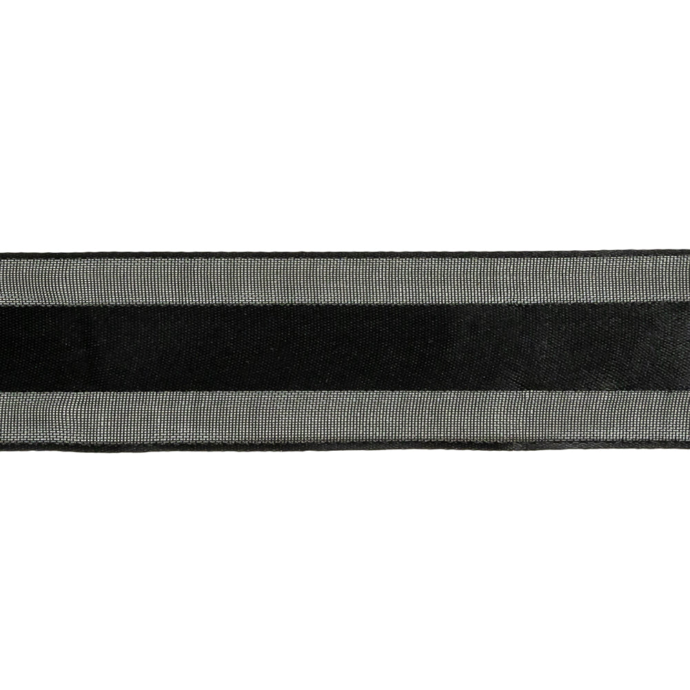 Black Double Faced Satin Ribbon with Sheer Woven Borders - 0.9375"