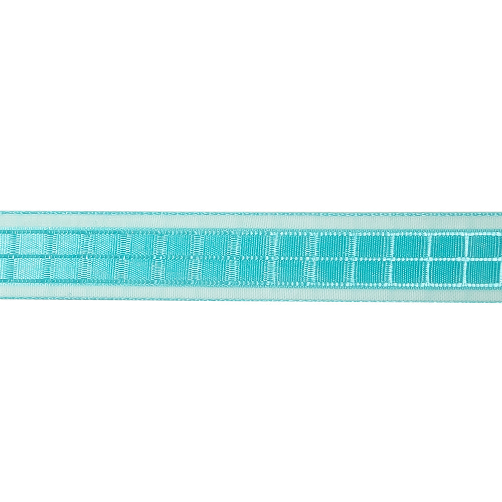 Turquoise Windowpane Checks and Sheer Borders Woven Ribbon - 0.625"