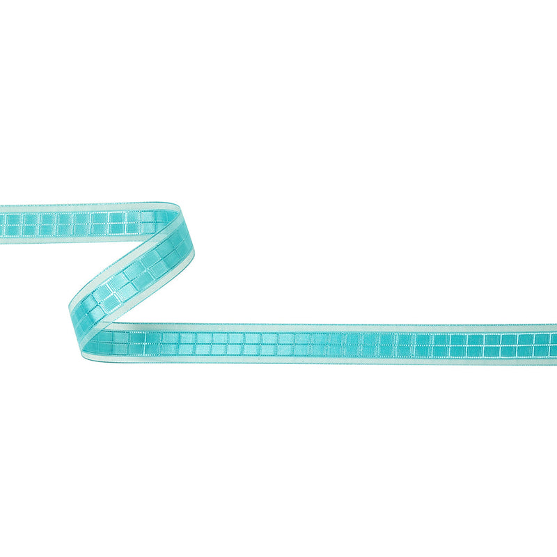 Turquoise Windowpane Checks and Sheer Borders Woven Ribbon - 0.625"