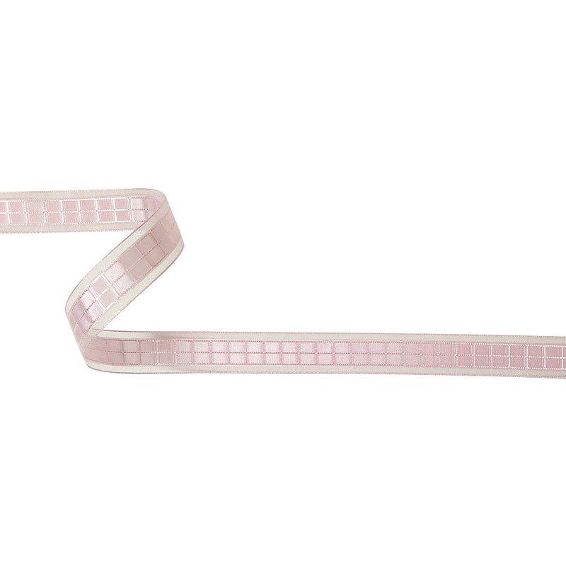 Pale Pink Windowpane Checks and Sheer Borders Woven Ribbon - 0.625"