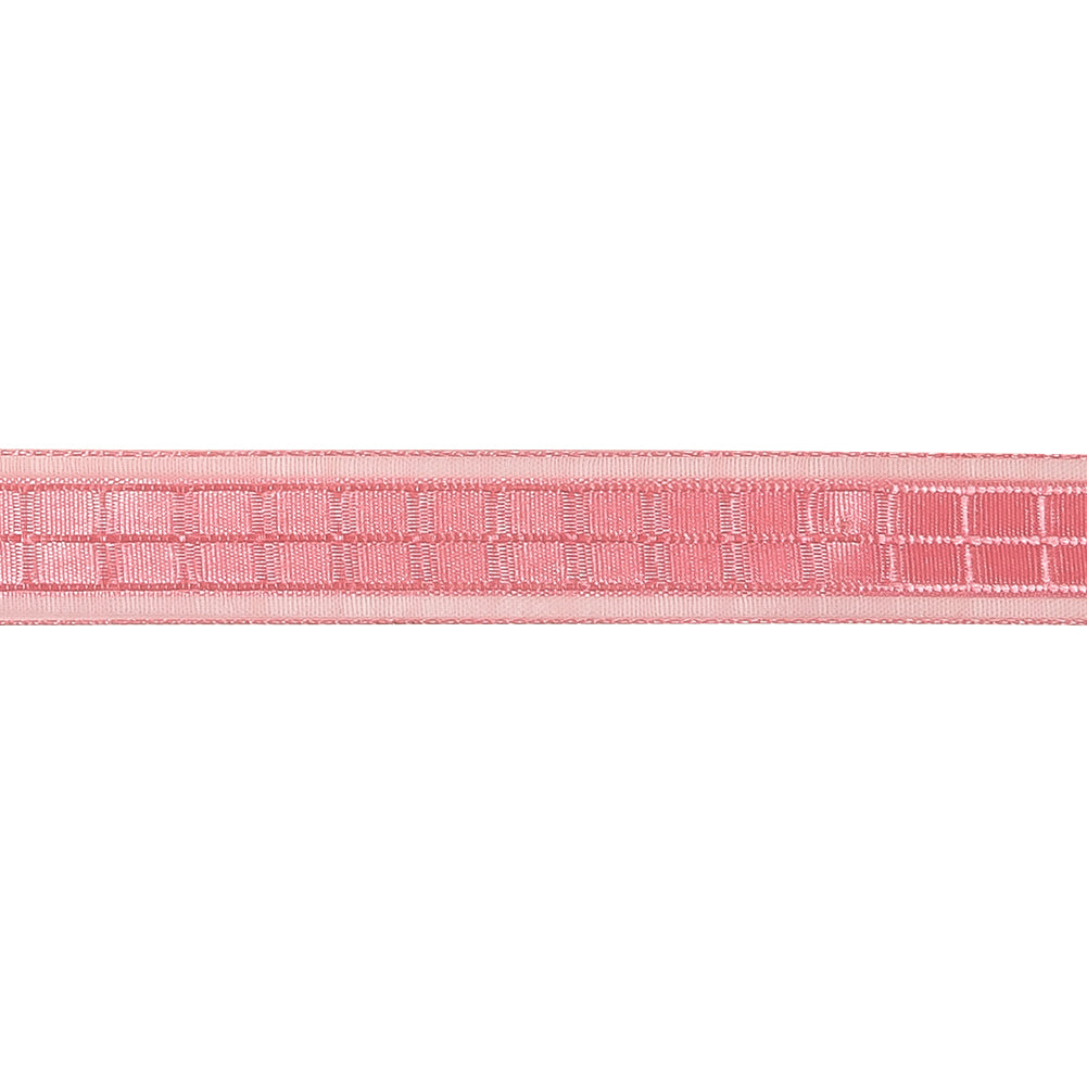 Bubblegum Pink Windowpane Checks and Sheer Borders Woven Ribbon - 0.625"