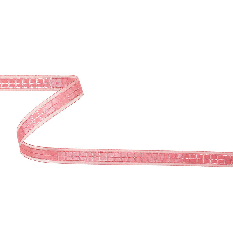 Bubblegum Pink Windowpane Checks and Sheer Borders Woven Ribbon - 0.625"
