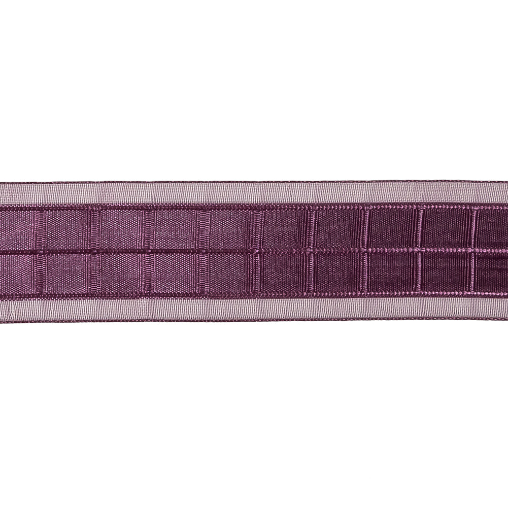 Plum Windowpane Checks and Sheer Borders Woven Ribbon - 1"