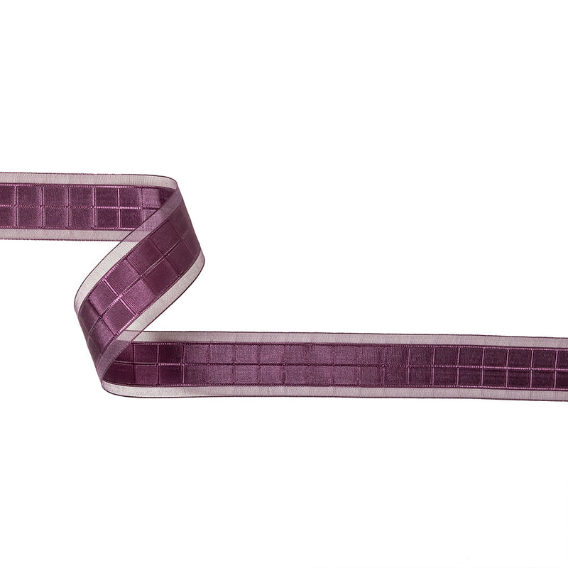 Plum Windowpane Checks and Sheer Borders Woven Ribbon - 1"