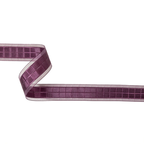 Plum Windowpane Checks and Sheer Borders Woven Ribbon - 1"