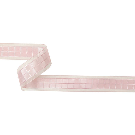 Pale Pink Windowpane Checks and Sheer Borders Woven Ribbon - 1"