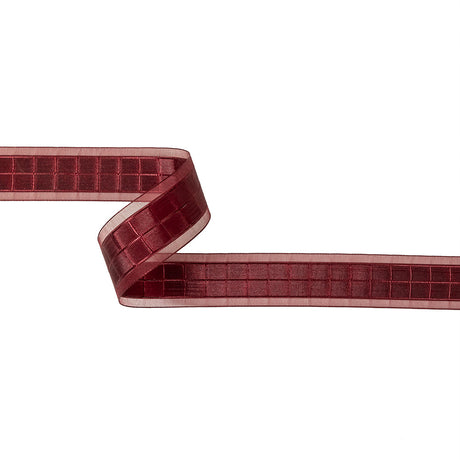 Wine Red Windowpane Checks and Sheer Borders Woven Ribbon - 1"