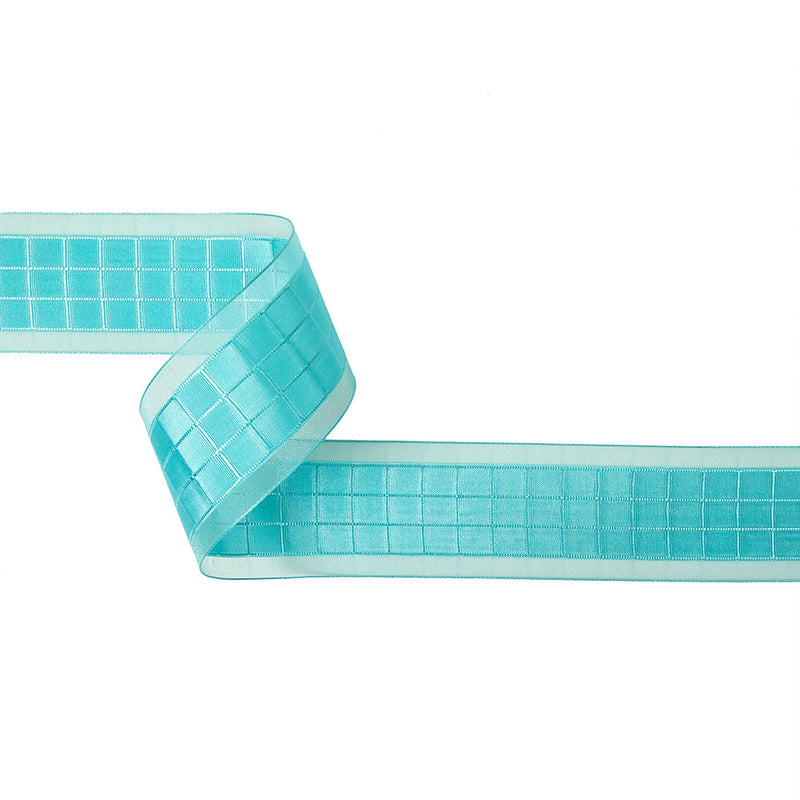 Turquoise Windowpane Checks and Sheer Borders Woven Ribbon - 1.5"