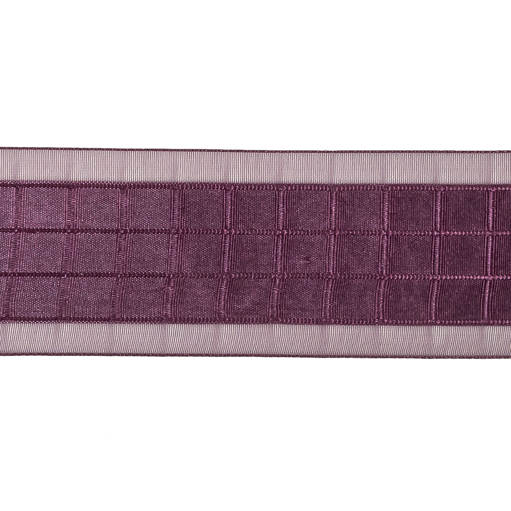 Plum Windowpane Checks and Sheer Borders Woven Ribbon - 1.5"