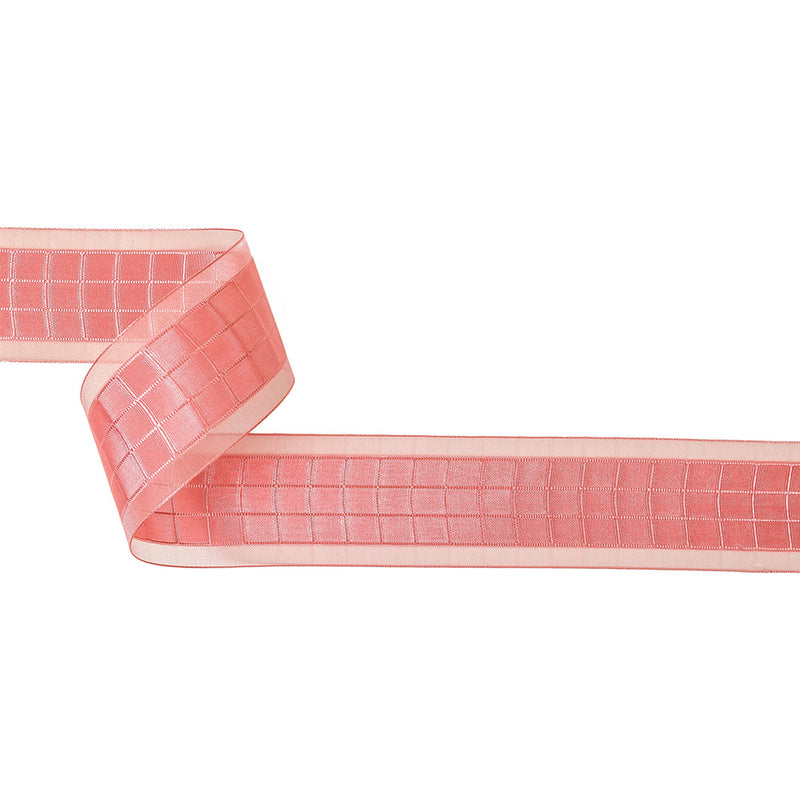 Bubblegum Pink Windowpane Checks and Sheer Borders Woven Ribbon - 1.5"