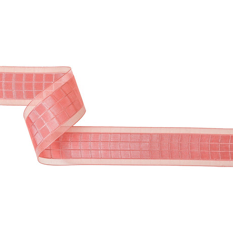 Bubblegum Pink Windowpane Checks and Sheer Borders Woven Ribbon - 1.5"
