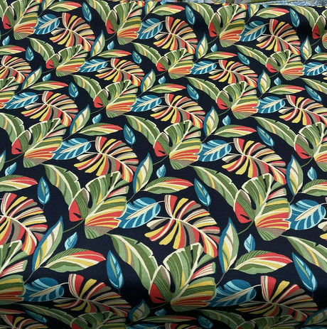 Wind Blown Leaves Outdoor Polyester Fabric - Black Green Leaf Print, 54" Width (1 Yard)