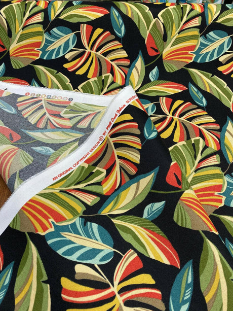 Wind Blown Leaves Outdoor Polyester Fabric - Black Green Leaf Print, 54" Width (1 Yard)