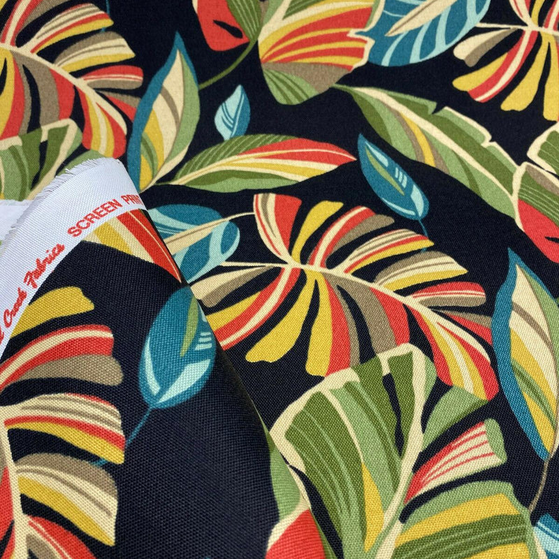 Wind Blown Leaves Outdoor Polyester Fabric - Black Green Leaf Print, 54" Width (1 Yard)