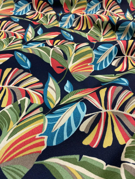 Wind Blown Leaves Outdoor Polyester Fabric - Black Green Leaf Print, 54" Width (1 Yard)