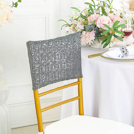 1 Piece Silver Sequin Spandex Chair Cap 13.5 inch by 10 inch Banquet Cover