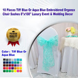 10 Pieces Tiff Blue Or Aqua Blue Embroidered Organza Chair Sashes 8"x108" Luxury Event & Wedding Decor