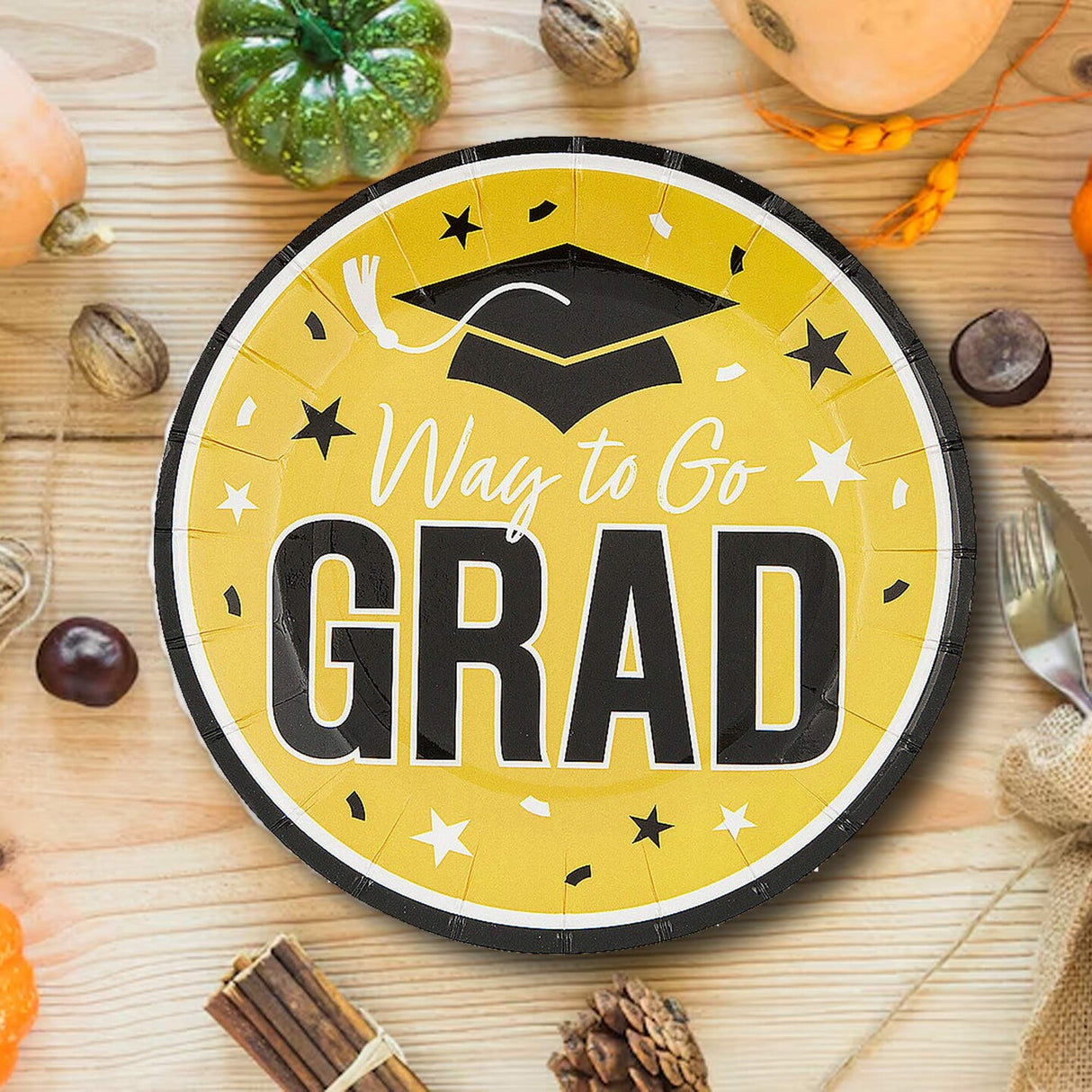 25 Count Yellow Way to Go Grad Disposable Paper Dessert Plates 7 1/4 Inch Graduation Party Supplies