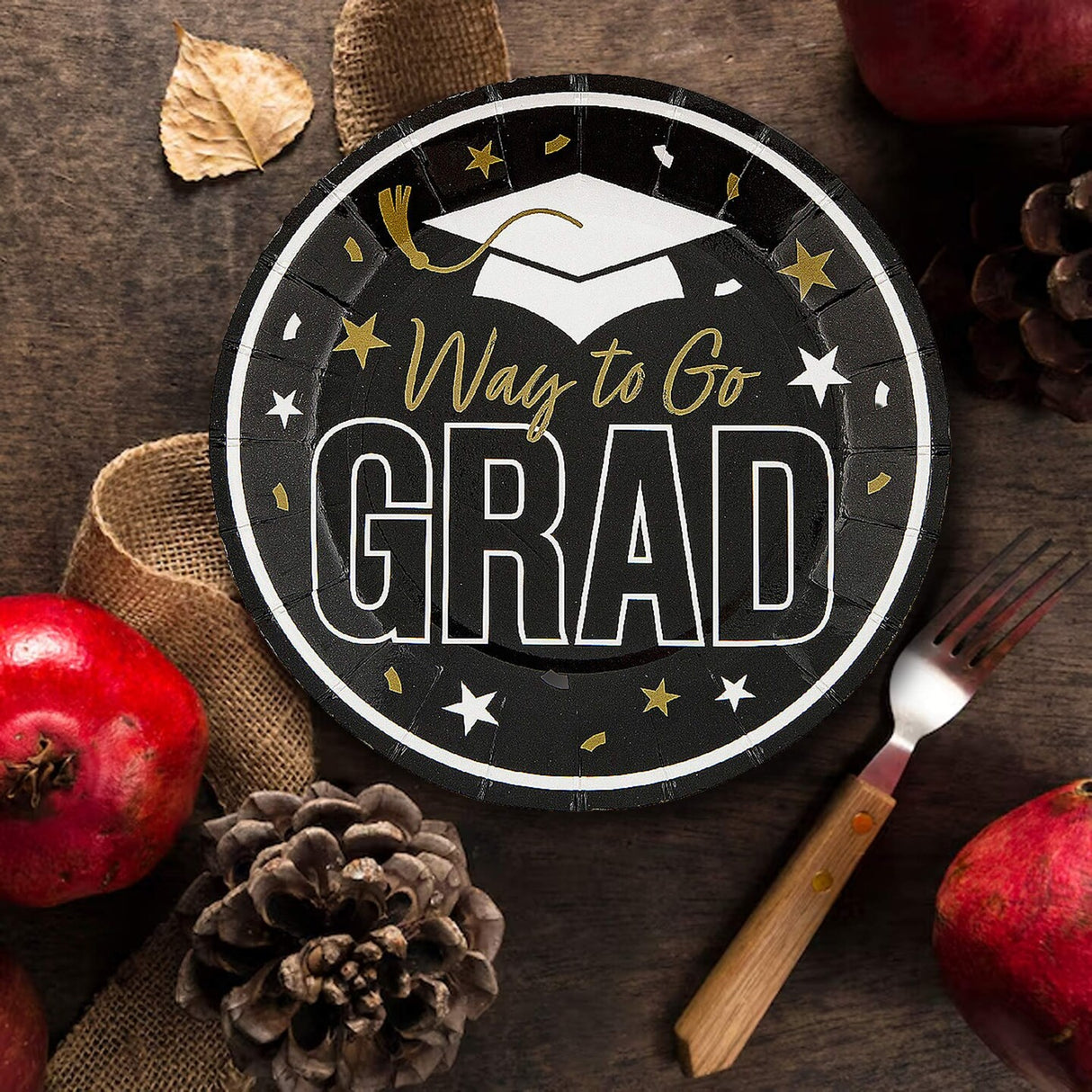 25 Count Black Way to Go Grad Disposable Paper Dessert Plates 7 1/4 Inch Party Supplies
