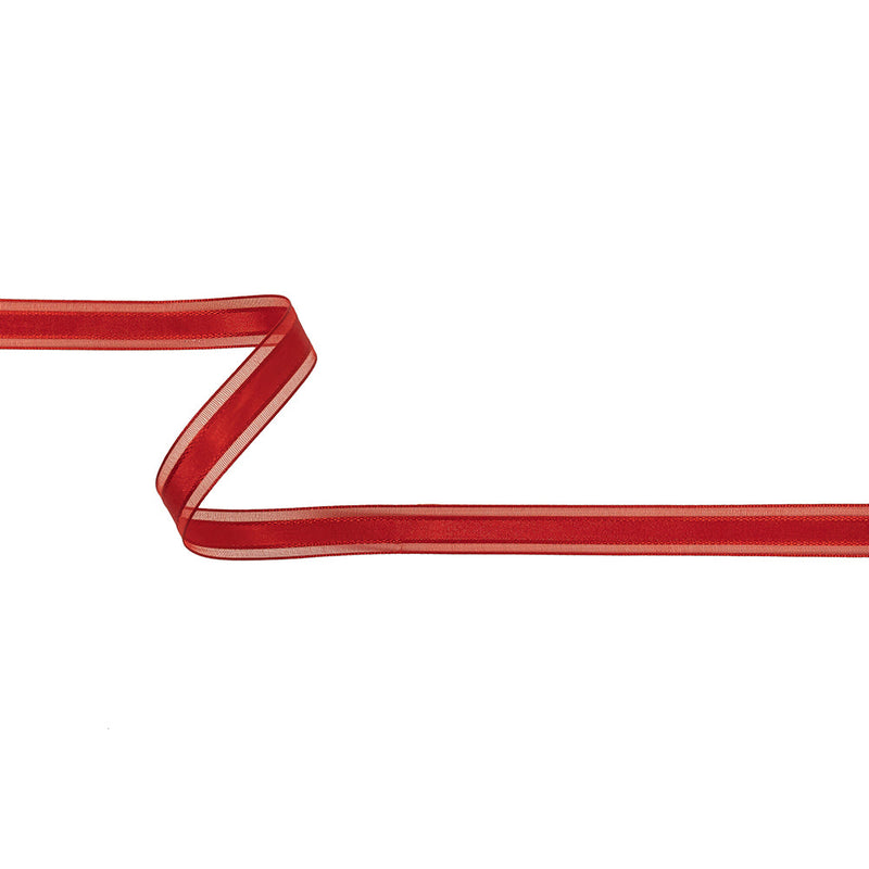 Red Woven Ribbon with Sheer Organza Borders - 0.5"