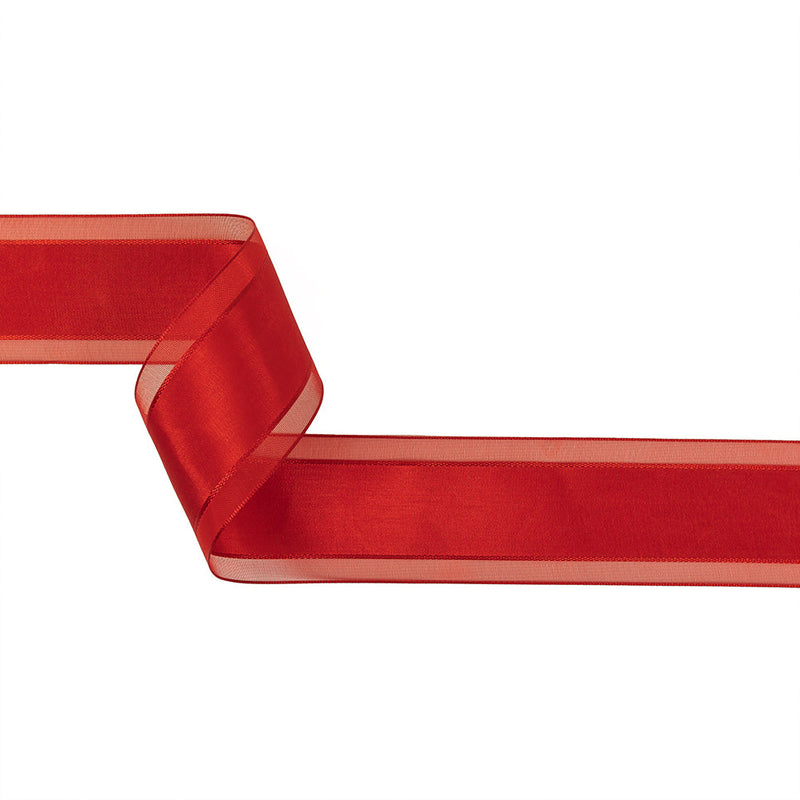 Red Woven Ribbon with Sheer Organza Borders - 1.5"