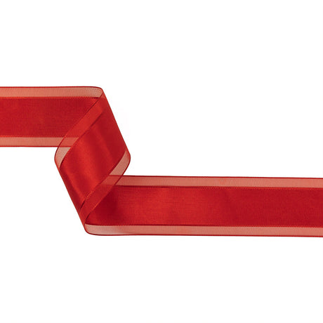Red Woven Ribbon with Sheer Organza Borders - 1.5"