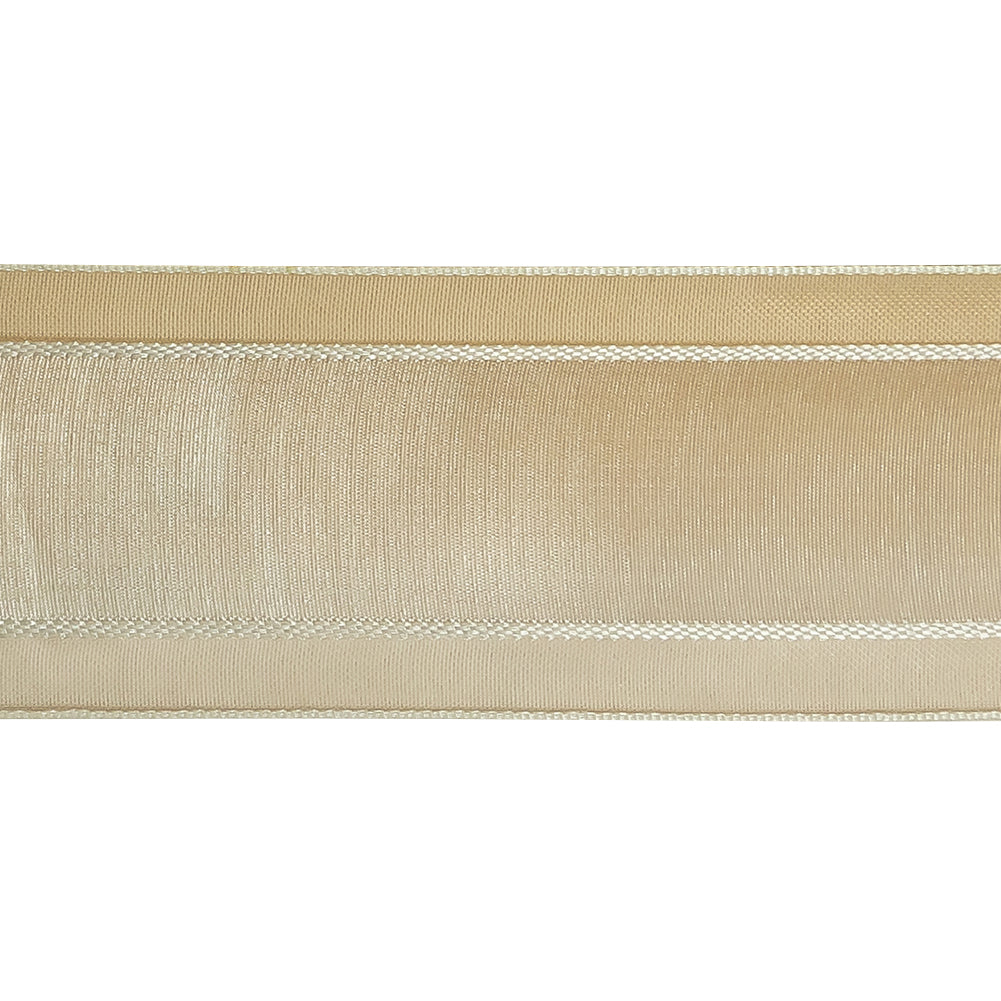 Beige and White Ombre Woven Ribbon with Sheer Organza Borders - 1.5"