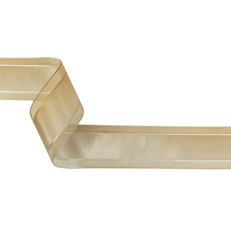 Beige and White Ombre Woven Ribbon with Sheer Organza Borders - 1.5"