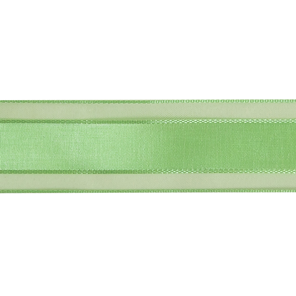 Patina Green Woven Ribbon with Sheer Organza Borders - 1"