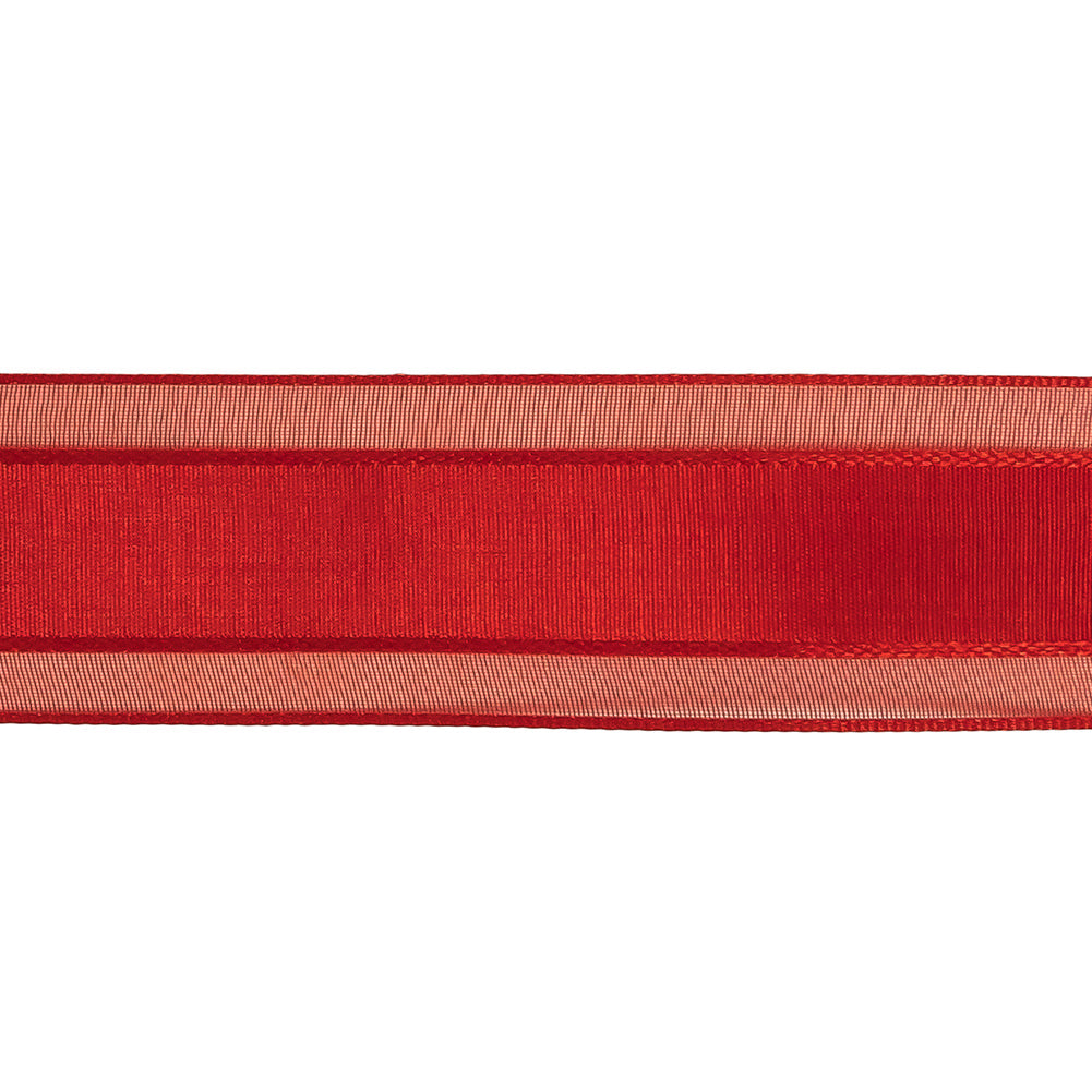 Red Woven Ribbon with Sheer Organza Borders - 1"
