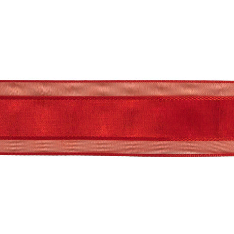 Red Woven Ribbon with Sheer Organza Borders - 1"