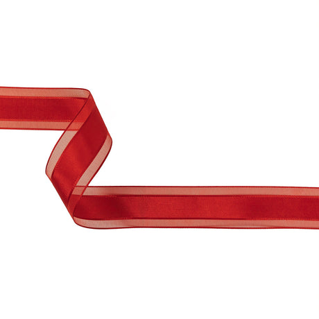 Red Woven Ribbon with Sheer Organza Borders - 1"