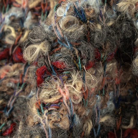 Red, Coral and Gray Striped Boucle Wool Knit with Clear Baby Sequins
