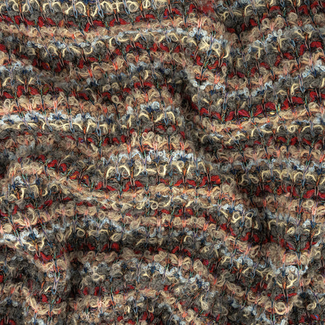 Red, Coral and Gray Striped Boucle Wool Knit with Clear Baby Sequins