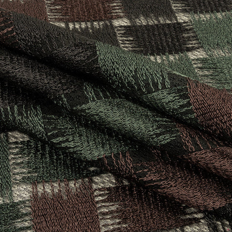 Jade, Brown and Black Diagonal Basketweave Embroidered Stretch Polyester Mesh