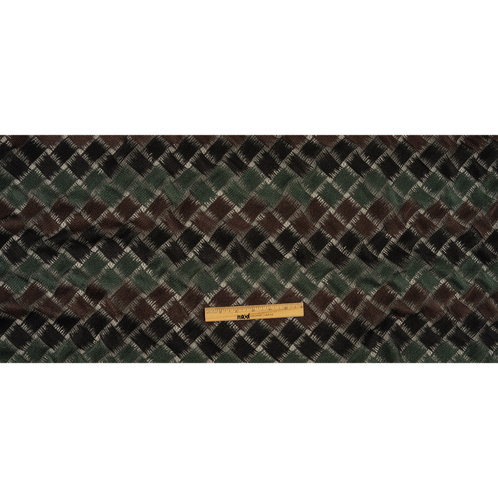 Jade, Brown and Black Diagonal Basketweave Embroidered Stretch Polyester Mesh