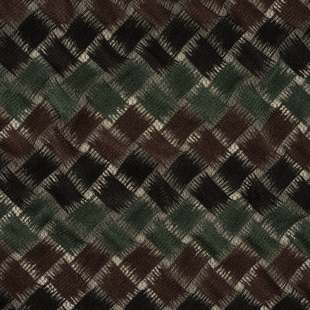 Jade, Brown and Black Diagonal Basketweave Embroidered Stretch Polyester Mesh