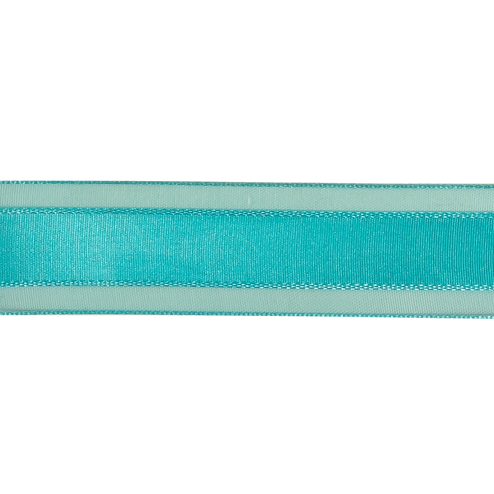 Turquoise Woven Ribbon with Sheer Organza Borders - 1"